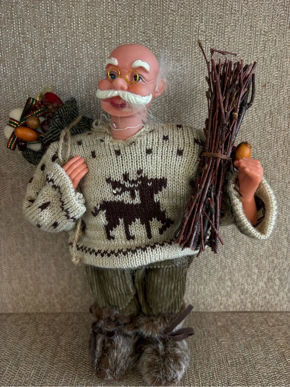 Nordic Old Man Santa Claus Doll Reindeer Knit Sweater Twig Bundle Rustic Holiday